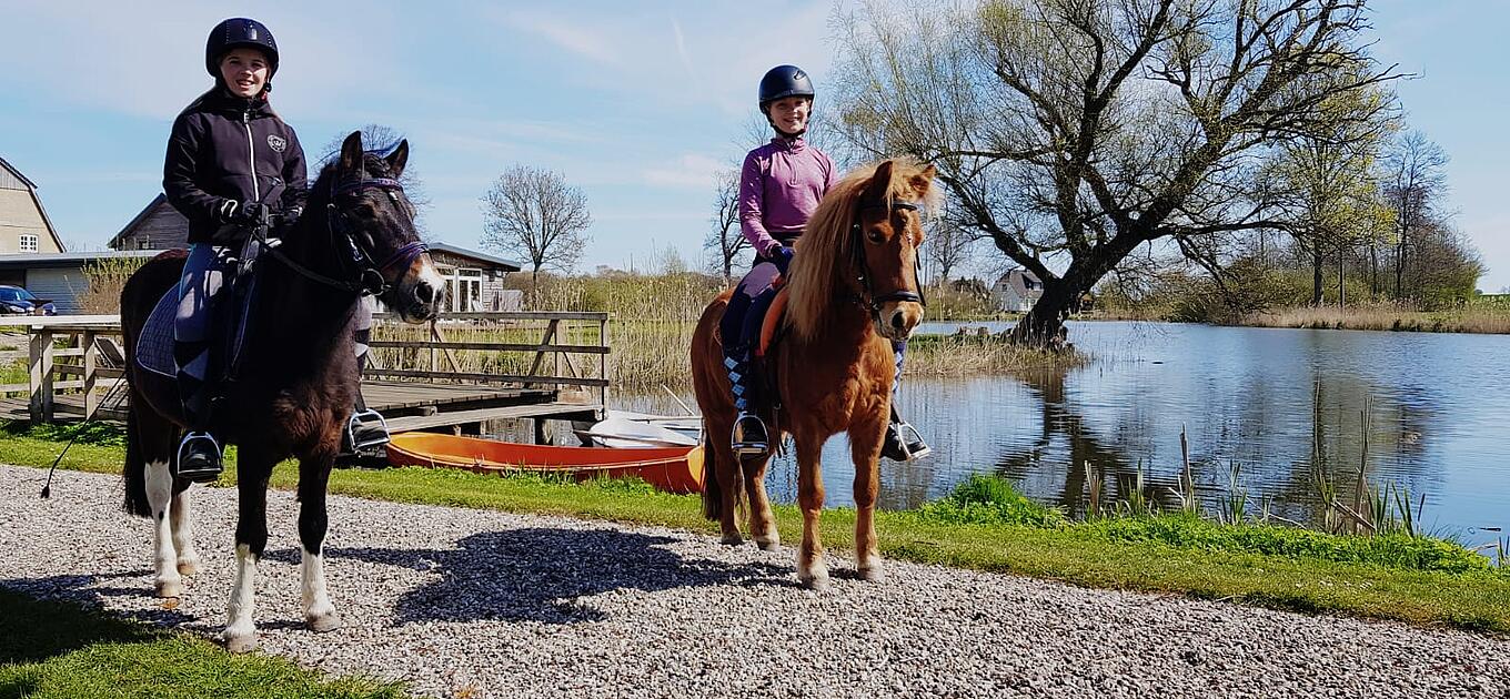 Zwei Ponys beim Ausritt vor dem Mühlenteich.